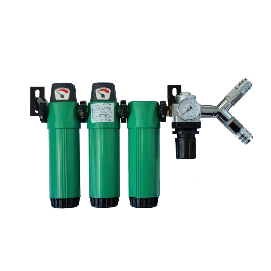 Atemluftfilter D-FL 20 VSA-PLUS, 2 Ausgänge, mit Druckregler und Atemluftfilterpatronen (Vor-, Submicro- und Aktivkohlefilter)