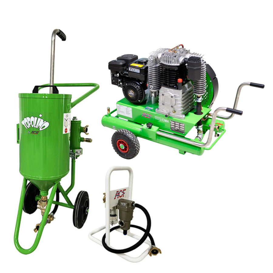 Sabbiatrice a bassa pressione Topolino, capacità di 18 litri, pressione di sabbiatura 0,5-7 bar, disponibile anche come kit completo con compressore