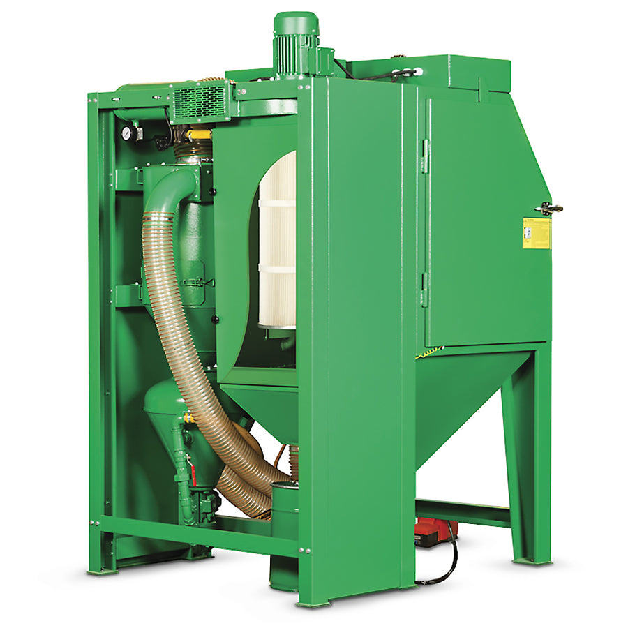 Cabine de sablage à pression CAB-PD avec nettoyage automatique du filtre, recyclage de l’abrasif, ouvertures latérales dans les portes et revêtement en caoutchouc, 2 tailles