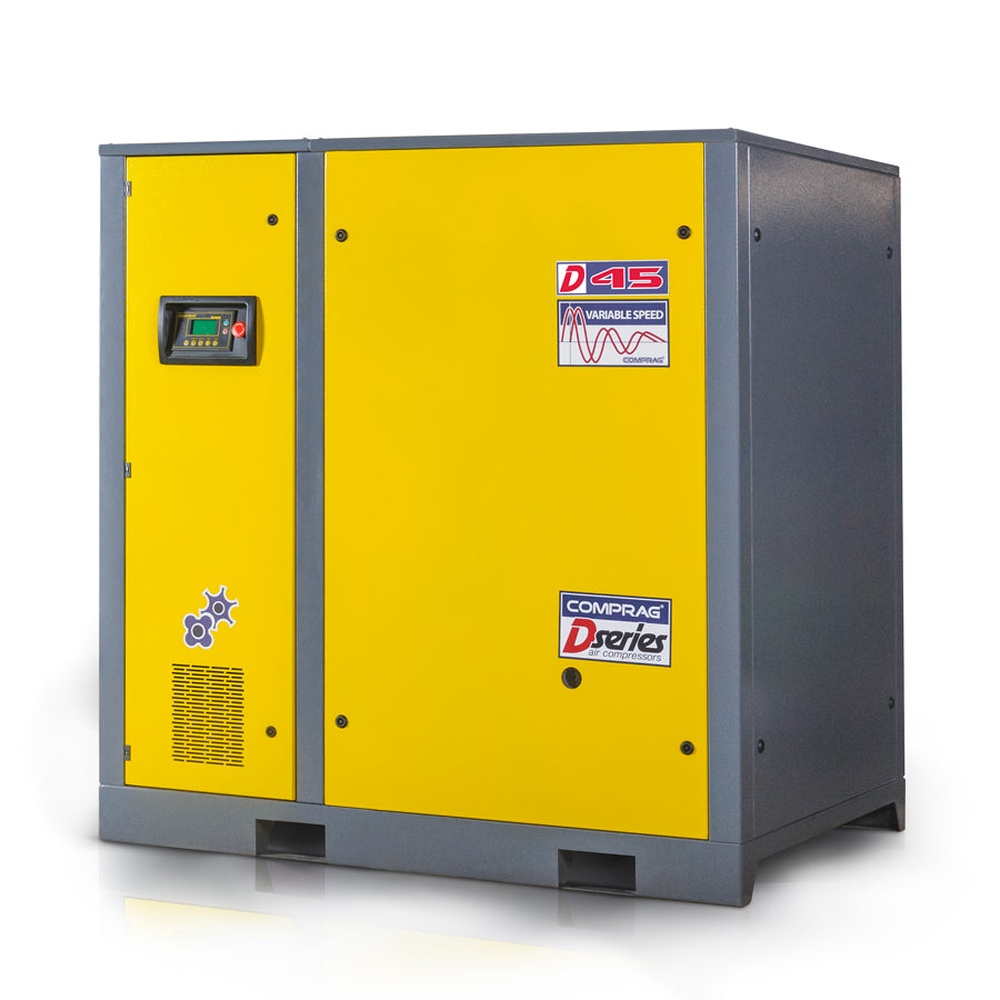 Šroubový kompresor řady DV s přímým pohonem 1:1 a regulací otáček, výkon pohonu 45 kW, průtok 6,2/7 m³/min, max. provozní tlak 8/10 bar