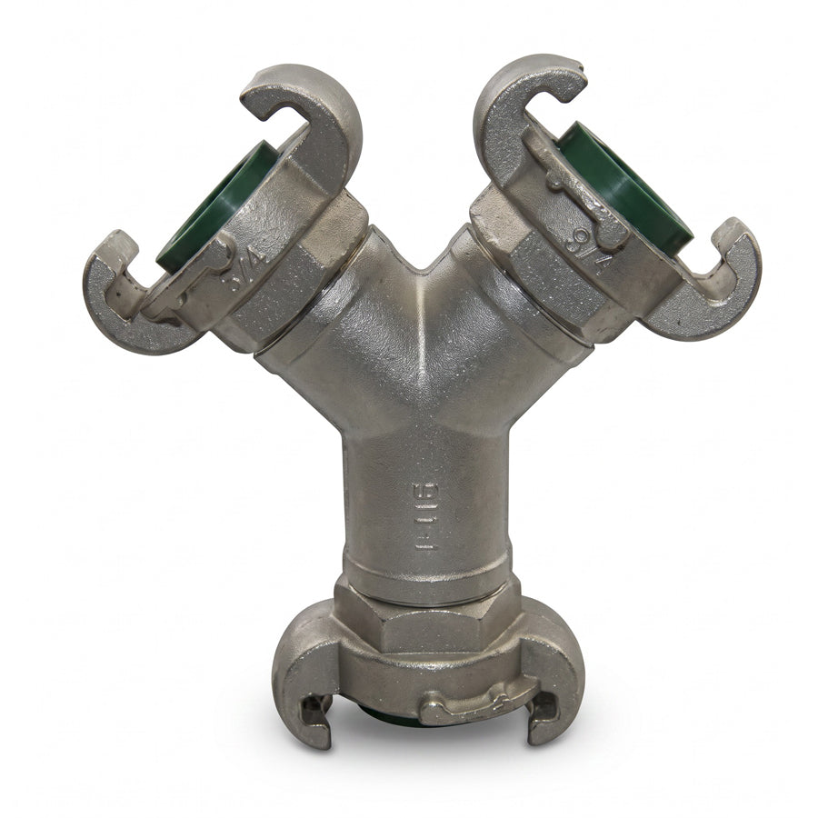 Y-Verteiler aus Edelstahl mit 3 montierten Kupplungen und Fluorkautschuk Dichtung, DIN 3489, max. PN 10, Größen 3/4" - 1"