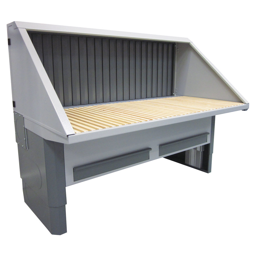 Tavolo aspirante UFH-E-BS, regolazione elettrica dell’altezza, aspirazione supplementare attraverso la parete posteriore, con soffitto e pareti laterali, larghezze 1.000-2.000 mm, profondità 1.100 mm