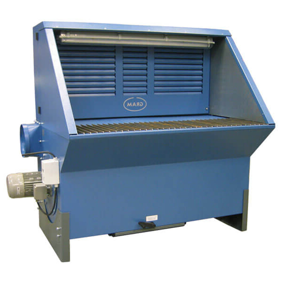 Udsugningsbord UFPR-BS-ISO med ventilator, isoleret afskærmning og udsugning gennem bagvæggen, bredder fra 1.000-3.000 mm, dybde 1.000 eller 1.250 mm, forskellige bordbelægninger