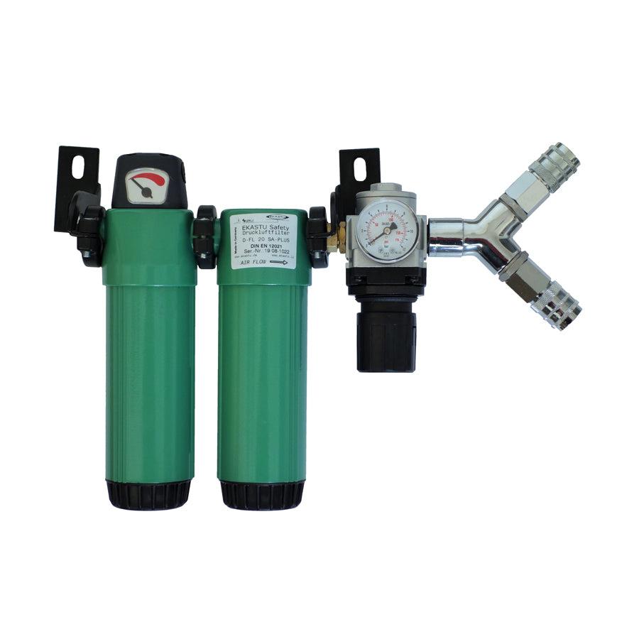 Filtre d’air respirable D-FL 20 SA-PLUS, 2 sorties, avec régulateur de pression et cartouches filtrantes pour air respirable (filtres submicroniques et à charbon actif)
