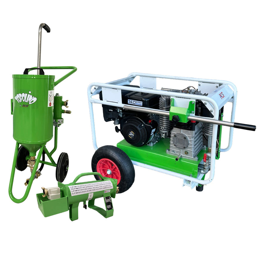 Sabbiatrice a bassa pressione Topolino, capacità di 18 litri, pressione di sabbiatura 0,5-7 bar, disponibile anche come kit completo con compressore