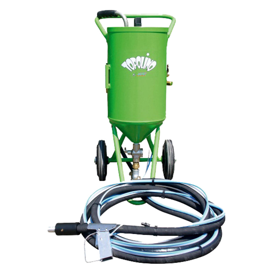 Sabbiatrice a bassa pressione Topolino, capacità di 18 litri, pressione di sabbiatura 0,5-7 bar, disponibile anche come kit completo con compressore