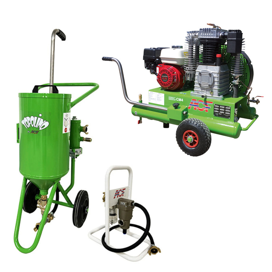 Sabbiatrice a bassa pressione Topolino, capacità di 18 litri, pressione di sabbiatura 0,5-7 bar, disponibile anche come kit completo con compressore