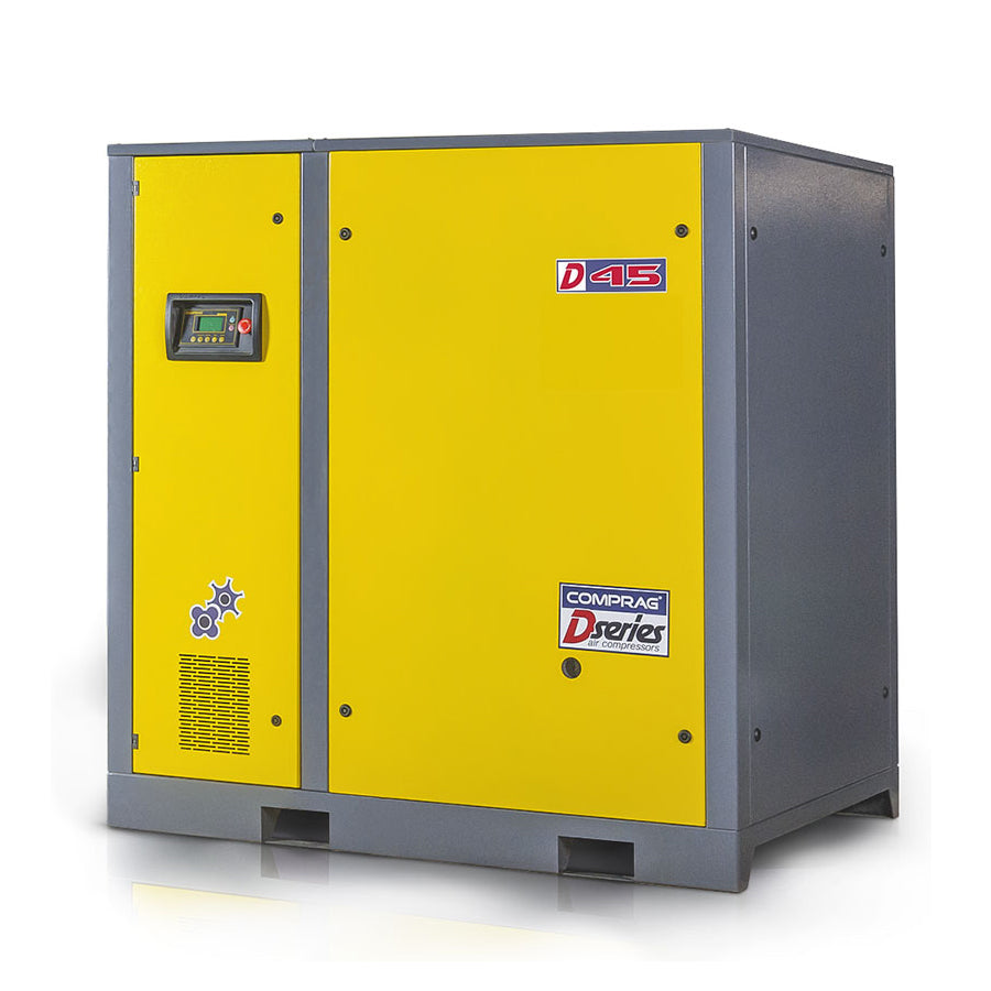 Compressore a vite serie D, trasmissione diretta 1:1, potenza di azionamento 45 kW, portata 6,2/7 m³/min, pressione d’esercizio massima 8/10 bar