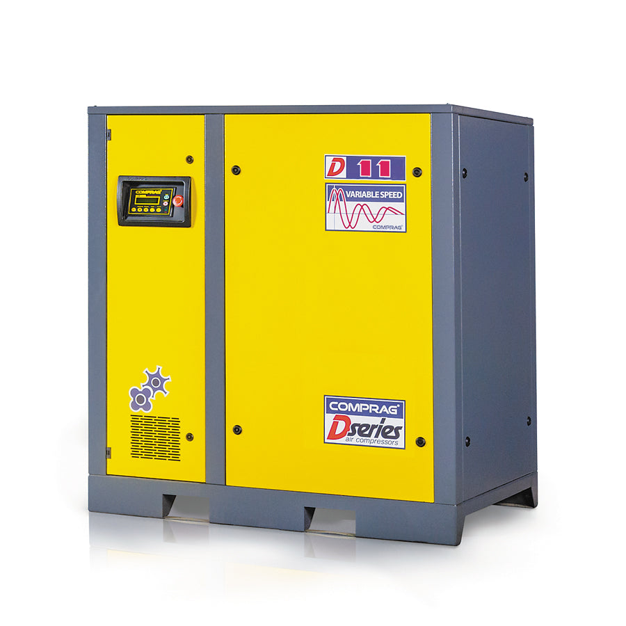 Compressore a vite serie DV, trasmissione diretta 1:1, regolazione della velocità, potenza di azionamento 11 kW, portata volumetrica 1,3/1,5 m³/min, pressione di esercizio max. 8/10 bar