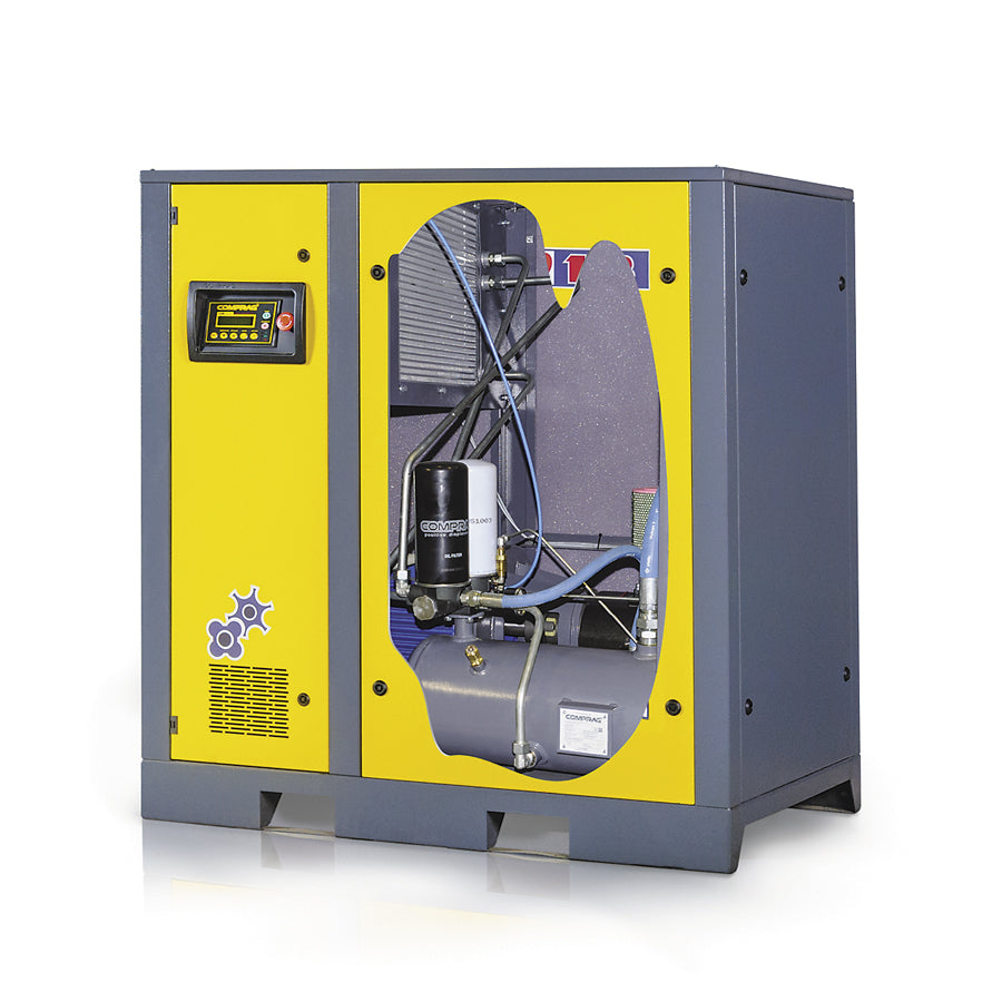 Compressore a vite serie DV, trasmissione diretta 1:1, regolazione della velocità, potenza di azionamento 11 kW, portata volumetrica 1,3/1,5 m³/min, pressione di esercizio max. 8/10 bar