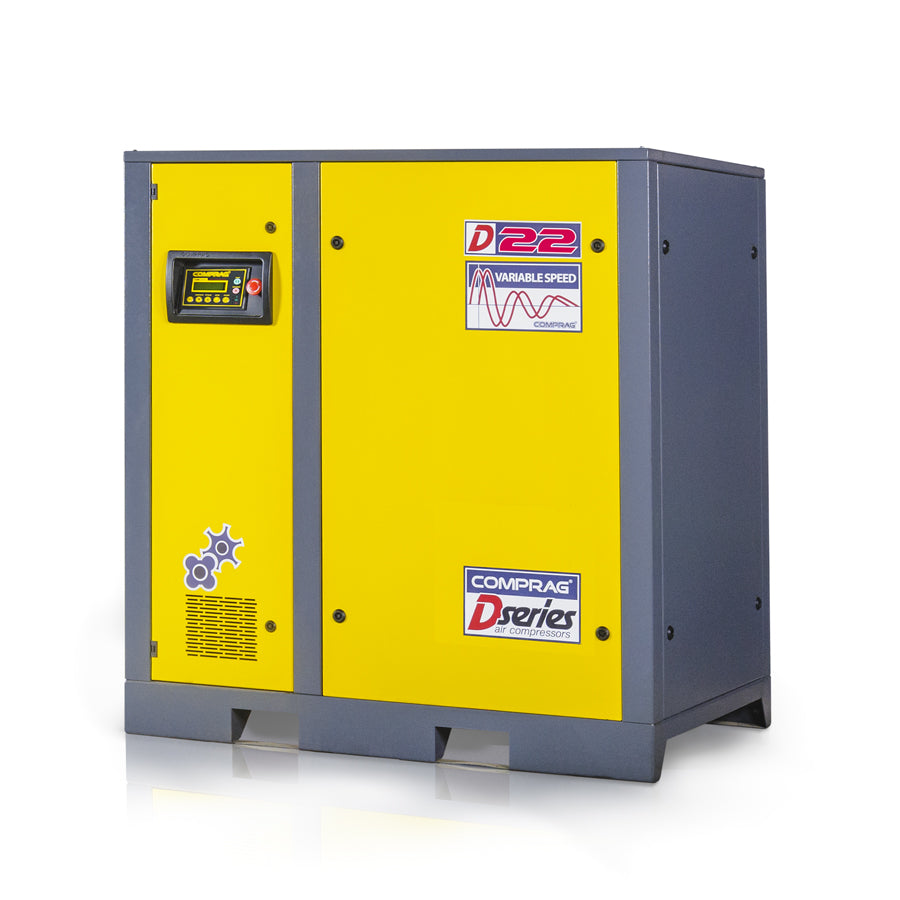 Compresseur à vis de la série DV, entraînement direct 1:1, à vitesse variable, puissance d’entraînement de 22 kW, débit volumique de 3,2/3,6 m³/min, pression de service maximale de 8/10 bar