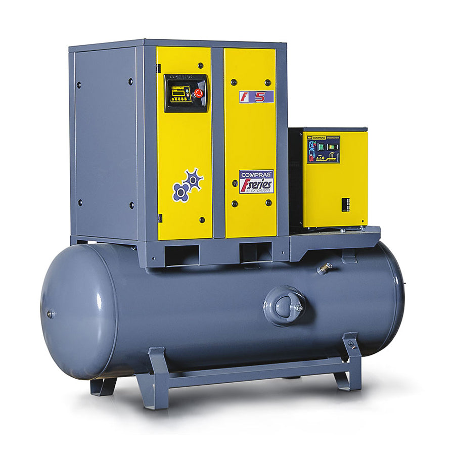 Šroubový kompresor řady FRD, výkon pohonu 5,5 kW, chladicí sušička, vzdušník na stlačený vzduch o objemu 270/500 litrů, průtok 0,65/0,75 m³/min, max. provozní tlak 8/10 bar