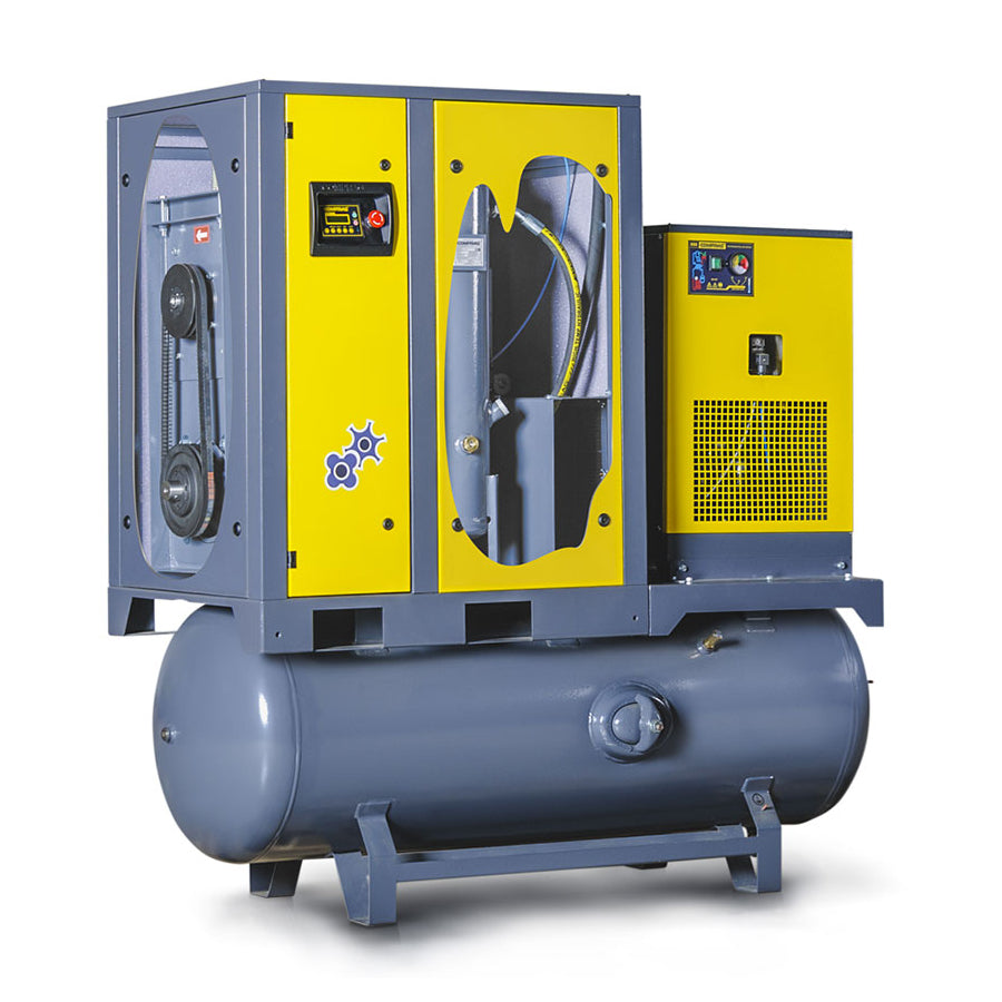 Compressore a vite serie FRD, potenza di azionamento 18,5 kW, essiccatore a refrigerazione, serbatoio di aria compressa da 500 litri, portata volumetrica 2,5/3,1 m³/min, pressione di esercizio max. 8/10 bar
