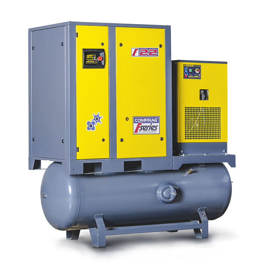 Šroubový kompresor řady FRD, výkon pohonu 22 kW, chladicí sušička, zásobník stlačeného vzduchu 500 litrů, průtok 3/3,6 m³/min, max. provozní tlak 8/10 bar