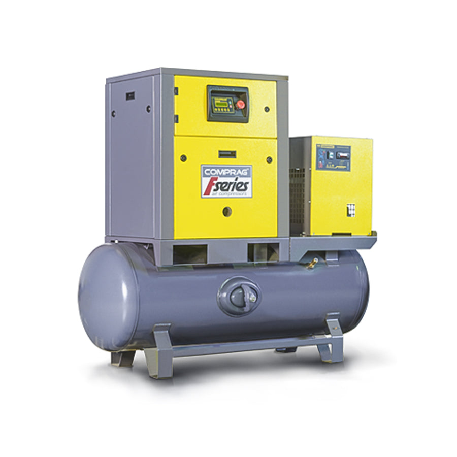 Skruekompressor i FRD-serien, 3 kW motoreffekt, køletørrer, 270 liters trykluftbeholder, 0,38/0,46 m³/min luftmængde, 8/10 bar maks. driftstryk