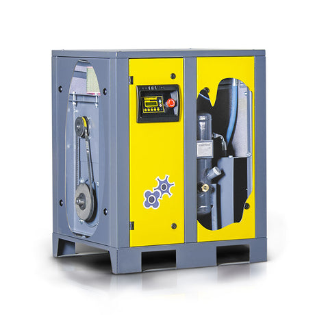 Schraufkompressor F Serie, 11 kW Undriibsleeschtung, 1,3/1,4/1,6 m³/min Volumenstroum, 13, 10 oder 8 bar max. Betribsdrock