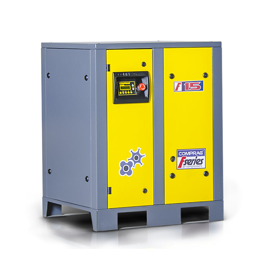 Šroubový kompresor řady F, výkon pohonu 15 kW, průtok 1,5/1,9/2,3 m³/min, max. provozní tlak 13, 10 nebo 8 bar