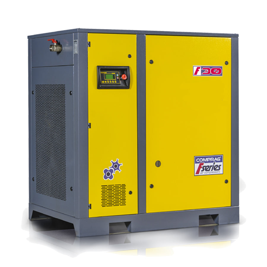 Šroubový kompresor řady F, výkon pohonu 30 kW, průtok 3,7/4,5/5 m³/min, max. provozní tlak 13, 10 nebo 8 bar