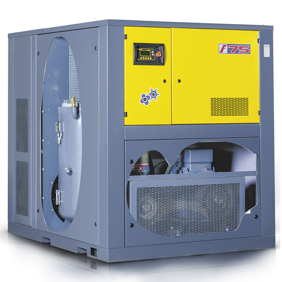 Šroubový kompresor řady F, příkon pohonu 75 kW, průtok 9,2/10,8/12,4 m³/min, max. provozní tlak 13, 10 nebo 8 bar