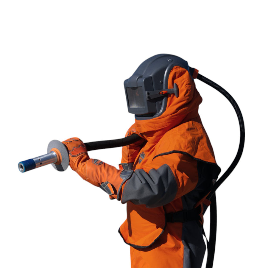 Sandstrahellem Blastsafe ORIGIN mat integréiertem Gehéierschutz, Nyloncape a Regulierventil, verschidde Variante
