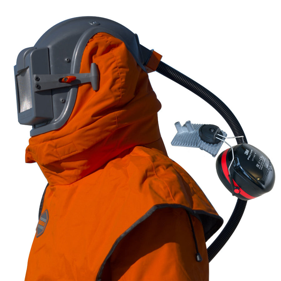 Sandstrahellem Blastsafe ORIGIN mat integréiertem Gehéierschutz, Nyloncape a Regulierventil, verschidde Variante