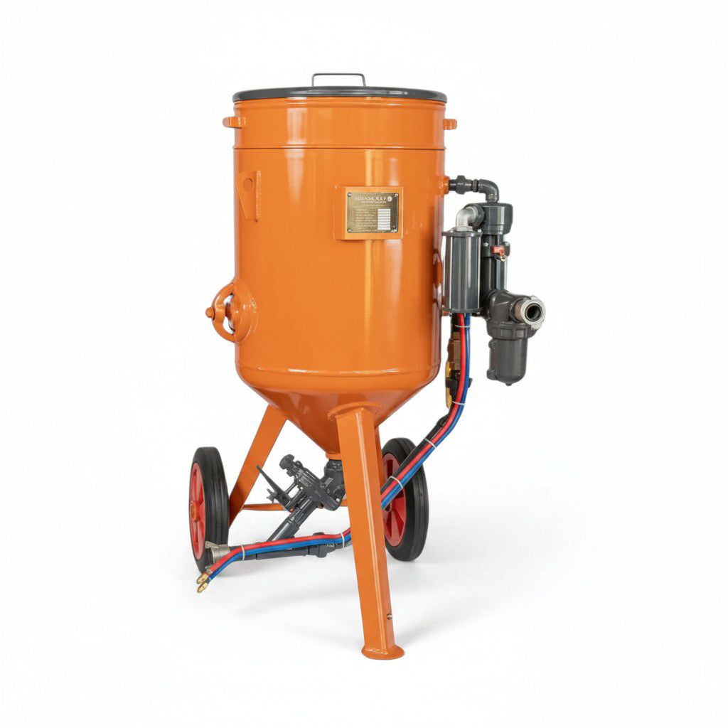 Serbatoio di sabbiatura NBSC-100, 100 litri, valvola di dosaggio dell’abrasivo Micro o FSV, combinabile opzionalmente con ulteriori accessori