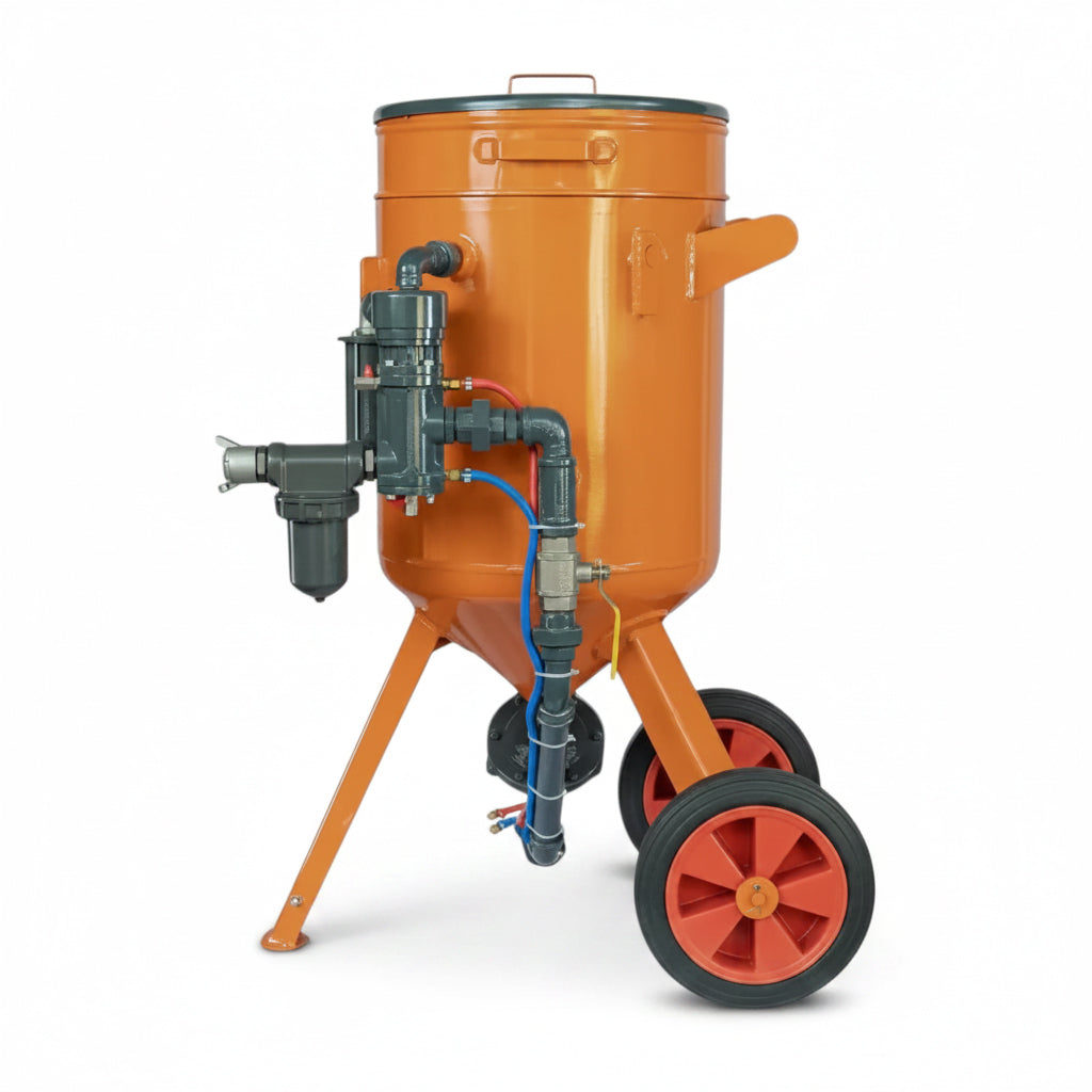 Serbatoio di sabbiatura NBSC-100, 100 litri, valvola di dosaggio dell’abrasivo Micro o FSV, combinabile opzionalmente con ulteriori accessori