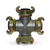 Distributore a X con 4 raccordi montati e guarnizioni in gomma NBR, DIN 3489, ghisa malleabile, zincato, max. PN 10, misure 3/4" - 1"