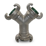 Y-Verteiler aus Edelstahl mit 3 montierten Kupplungen und Fluorkautschuk Dichtung, DIN 3489, max. PN 10, Größen 3/4" - 1"
