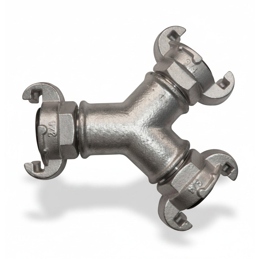 Y-fordeler med 3 monterede koblinger og gummitætninger NBR, DIN 3489, tempergods, galvaniseret, maks. PN 10, størrelser 3/4" - 1"